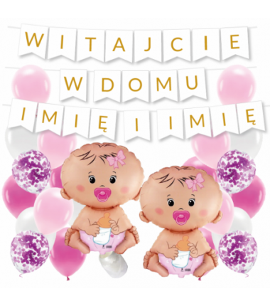 Box balonowy WITAJCIE W DOMU 2x IMIĘ - złoty + bobas różowy