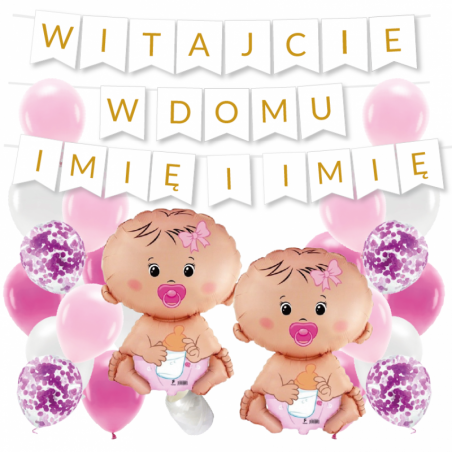 Box balonowy WITAJCIE W DOMU 2x IMIĘ - złoty + bobas różowy