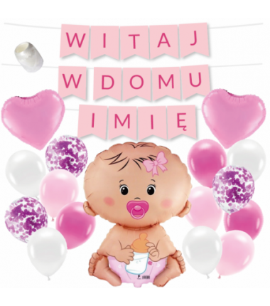 Box balonowy WITAJ W DOMU IMIĘ - różowy + bobas różowy