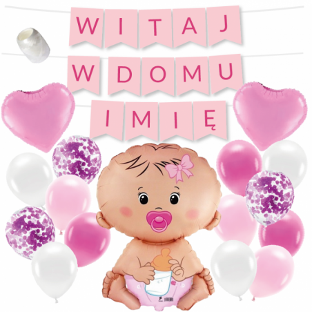 Box balonowy WITAJ W DOMU IMIĘ - różowy + bobas różowy