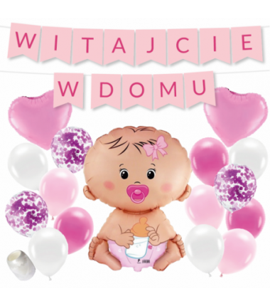 Box balonowy WITAJCIE W DOMU - różowy + bobas różowy