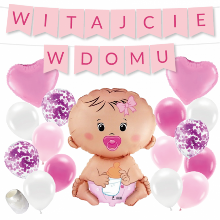 Box balonowy WITAJCIE W DOMU - różowy + bobas różowy