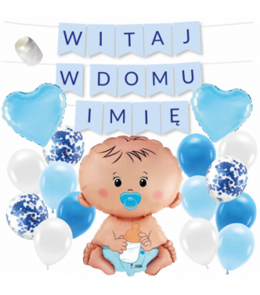 Box balonowy WITAJ W DOMU IMIĘ - niebieski + bobas niebieski