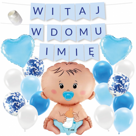 Box balonowy WITAJ W DOMU IMIĘ - niebieski + bobas niebieski