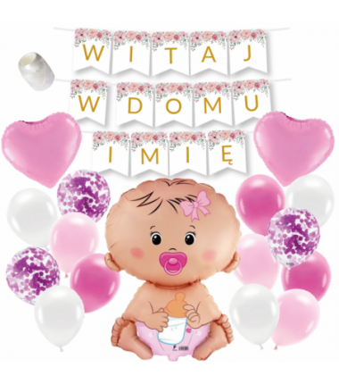 Box balonowy WITAJ W DOMU IMIĘ - kwiaty + bobas różowy