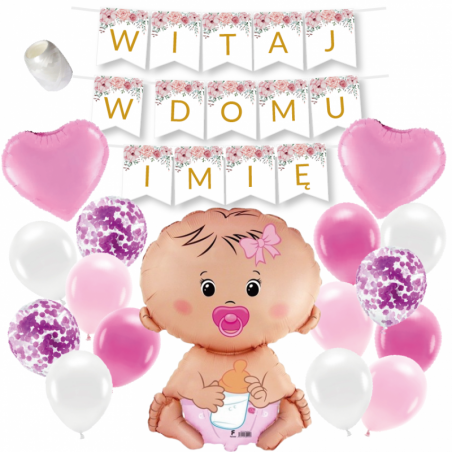 Box balonowy WITAJ W DOMU IMIĘ - kwiaty + bobas różowy