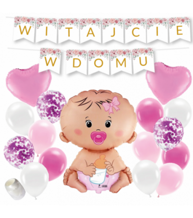 Box balonowy WITAJCIE W DOMU - kwiaty + bobas różowy
