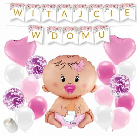 Box balonowy WITAJCIE W DOMU - kwiaty + bobas różowy