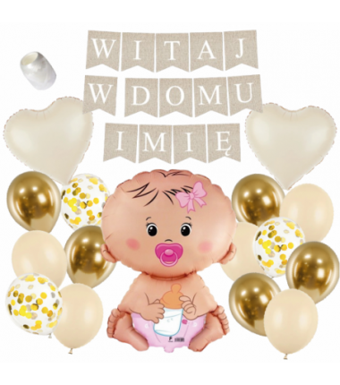 Box balonowy WITAJ W DOMU IMIĘ - boho + bobas różowy