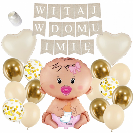 Box balonowy WITAJ W DOMU IMIĘ - boho + bobas różowy