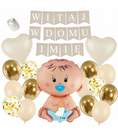 Box balonowy WITAJ W DOMU IMIĘ - boho + bobas niebieski