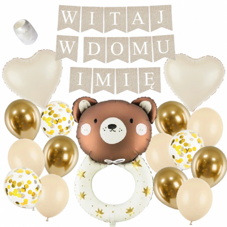 Box balonowy WITAJ W DOMU IMIĘ - boho + grzechotka