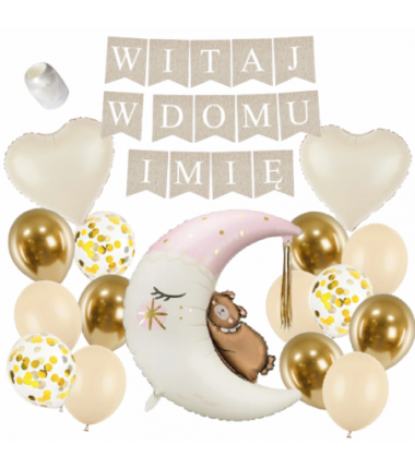 Box balonowy WITAJ W DOMU IMIĘ - boho + księżyc różowy