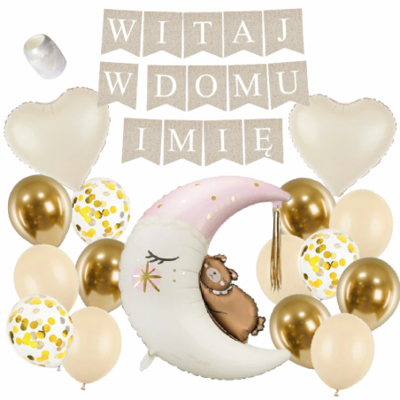 Box balonowy WITAJ W DOMU IMIĘ - boho + księżyc różowy