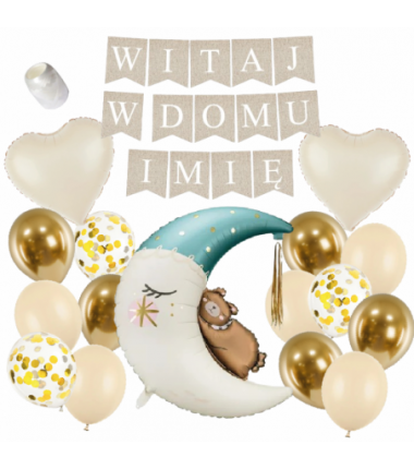 Box balonowy WITAJ W DOMU IMIĘ - boho + księżyc niebieski