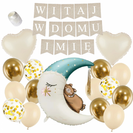 Box balonowy WITAJ W DOMU IMIĘ - boho + księżyc niebieski