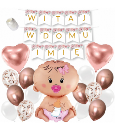 Box balonowy WITAJ W DOMU IMIĘ - kwiaty rose gold + bobas różowy