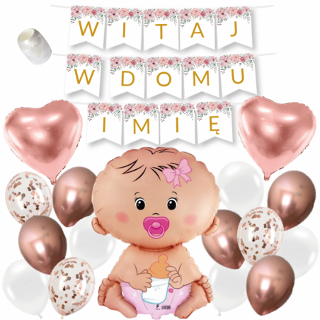 Box balonowy WITAJ W DOMU IMIĘ - kwiaty rose gold + bobas różowy