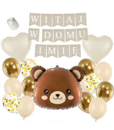 Box balonowy WITAJ W DOMU IMIĘ - boho + miś głowa