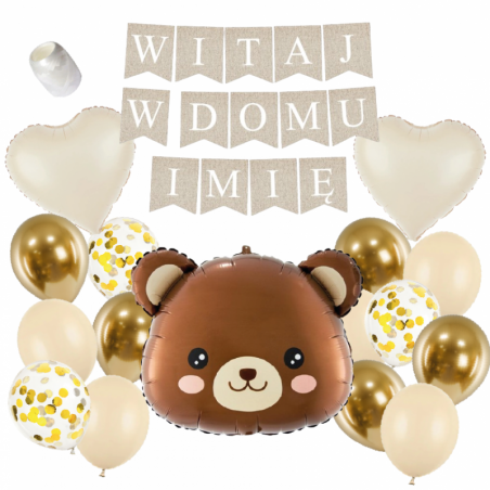 Box balonowy WITAJ W DOMU IMIĘ - boho + miś głowa