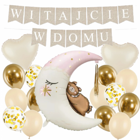 Box balonowy WITAJCIE W DOMU - boho + księżyc różowy
