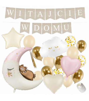 Box balonowy WITAJCIE W DOMU - boho + księżyc różowy chmurka serca