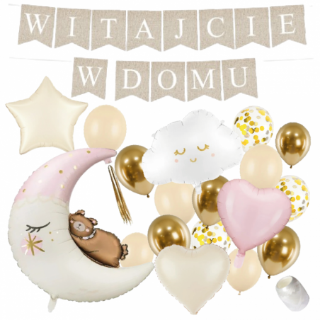 Box balonowy WITAJCIE W DOMU - boho + księżyc różowy chmurka serca