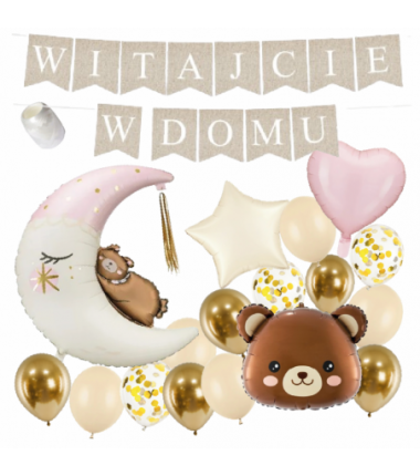 Box balonowy WITAJCIE W DOMU - boho + księżyc różowy miś