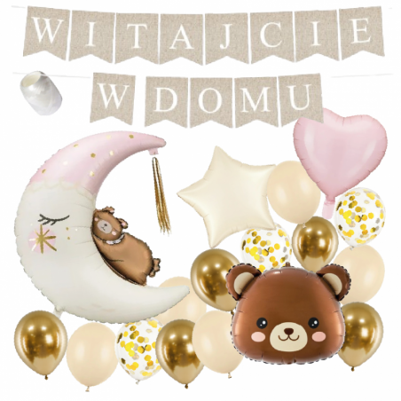Box balonowy WITAJCIE W DOMU - boho + księżyc różowy miś