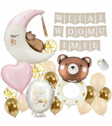 Box balonowy WITAJ W DOMU +IMIĘ - boho + księżyc różowy grzechotka
