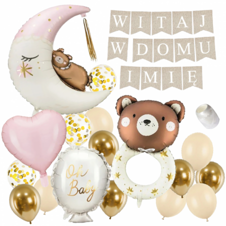 Box balonowy WITAJ W DOMU +IMIĘ - boho + księżyc różowy grzechotka