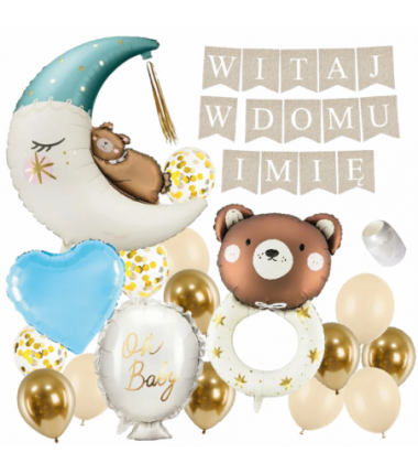 Box balonowy WITAJ W DOMU +IMIĘ - boho + księżyc niebieski