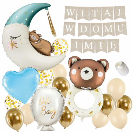 Box balonowy WITAJ W DOMU +IMIĘ - boho + księżyc niebieski