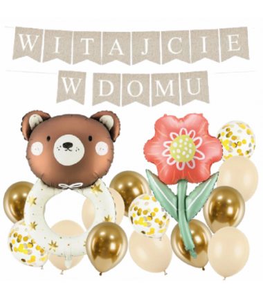 Box balonowy WITAJCIE W DOMU - boho + grzechotka + KWIAT DLA MAMY