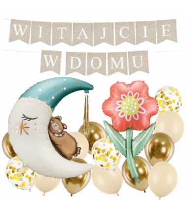 Box balonowy WITAJCIE W DOMU - boho + księżyc niebieski + KWIAT DLA MAMY