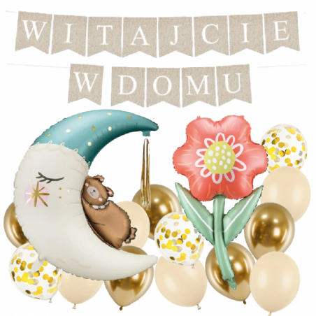Box balonowy WITAJCIE W DOMU - boho + księżyc niebieski + KWIAT DLA MAMY