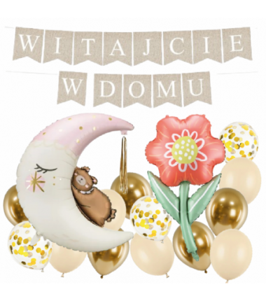 Box balonowy WITAJCIE W DOMU - boho + księżyc różowy + KWIAT DLA MAMY