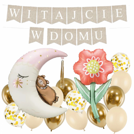 Box balonowy WITAJCIE W DOMU - boho + księżyc różowy + KWIAT DLA MAMY