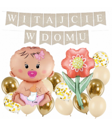 Box balonowy WITAJCIE W DOMU - boho + bobas różowy + KWIAT DLA MAMY