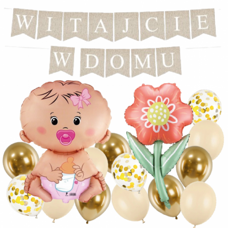 Box balonowy WITAJCIE W DOMU - boho + bobas różowy + KWIAT DLA MAMY