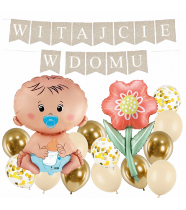 Box balonowy WITAJCIE W DOMU - boho + bobas niebieski + KWIAT DLA MAMY