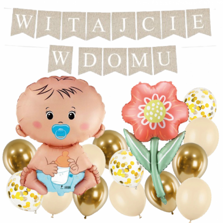 Box balonowy WITAJCIE W DOMU - boho + bobas niebieski + KWIAT DLA MAMY
