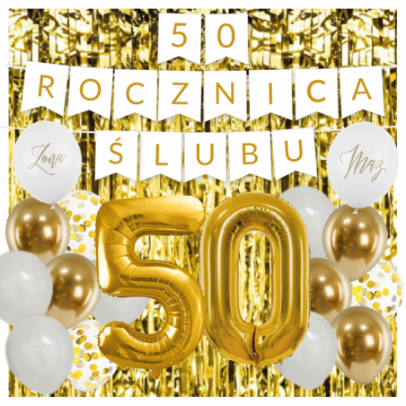 Zestaw balonów na 50 ROCZNICĘ ŚLUBU - baner i złote cyfry