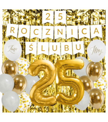 Zestaw balonów na 25 ROCZNICĘ ŚLUBU - baner i złote cyfry