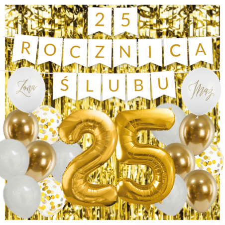 Zestaw balonów na 25 ROCZNICĘ ŚLUBU - baner i złote cyfry