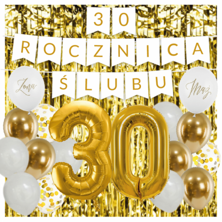 Zestaw balonów na 30 ROCZNICĘ ŚLUBU - baner i złote cyfry