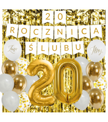 Zestaw balonów na 20 ROCZNICĘ ŚLUBU - baner i złote cyfry