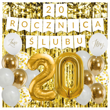 Zestaw balonów na 20 ROCZNICĘ ŚLUBU - baner i złote cyfry