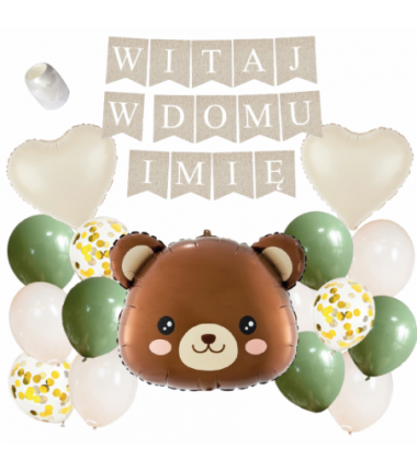 Box balonowy WITAJ W DOMU IMIĘ - boho - oliwka + miś głowa