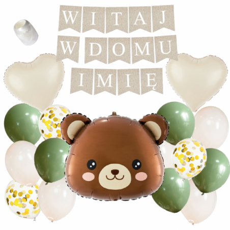 Box balonowy WITAJ W DOMU IMIĘ - boho - oliwka + miś głowa